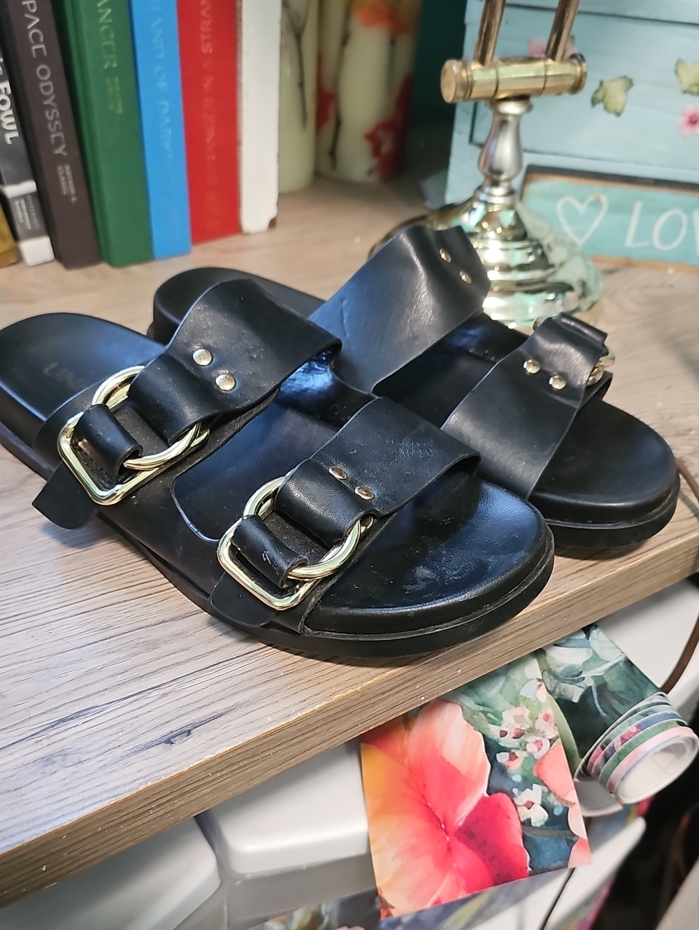 Unr8ted Women's Black Double-Buckle Slide Sandals with Silver Hardware